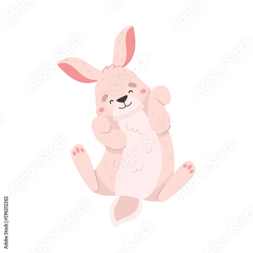 Cheerful rabbit lying on back, cartoon flat vector illustration isolated on white background.