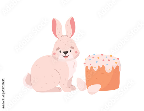 Easter rabbit with traditional holiday cake, flat vector illustration isolated.