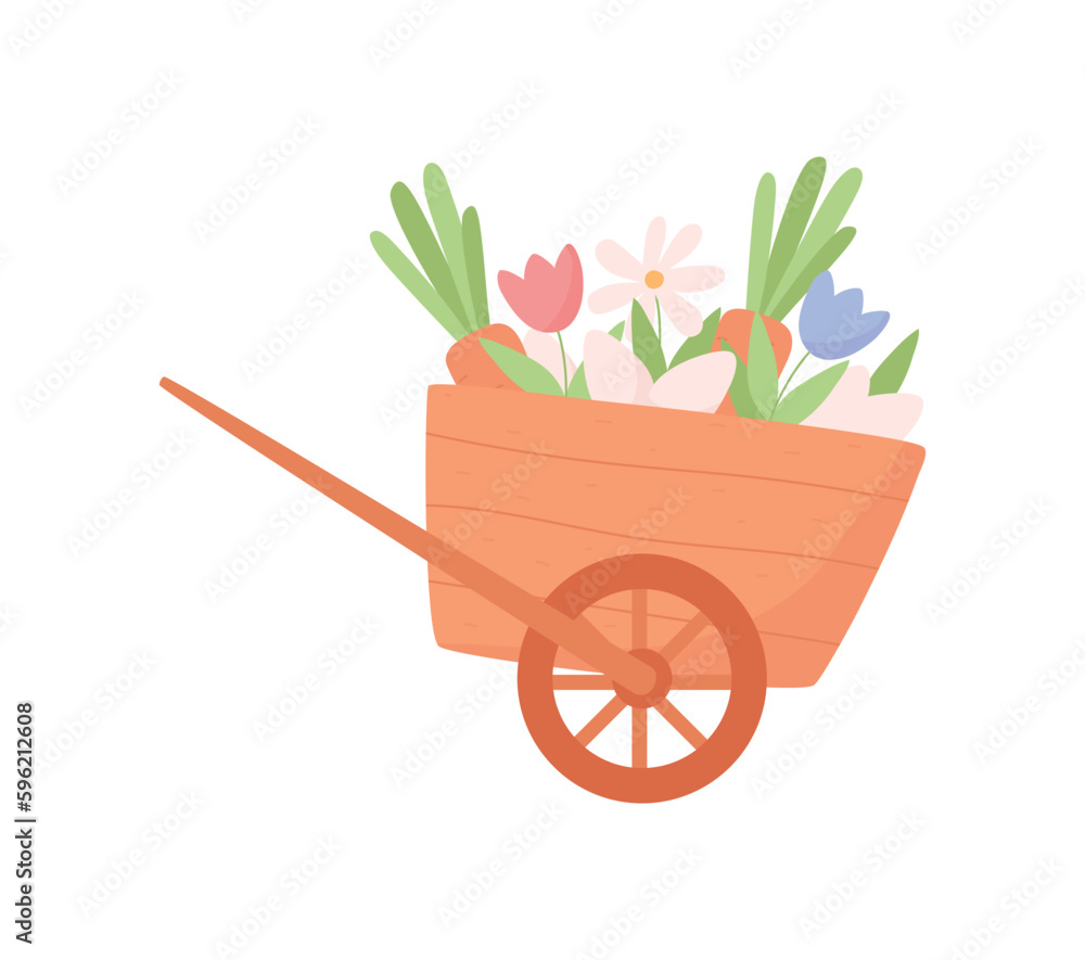 Cart with spring flowers and vegetables flat vector illustration isolated.