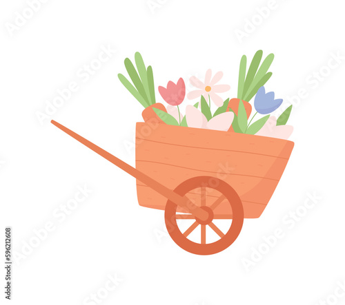 Cart with spring flowers and vegetables flat vector illustration isolated.