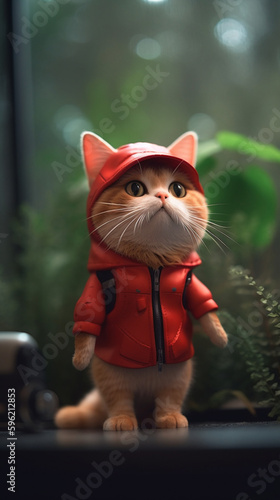 very cute cat wearing red flight jacket and a bucke , Generative Ai