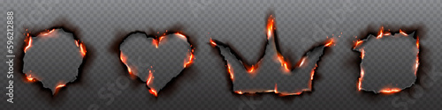 Orange burn hole frame with crown and heart shape. Circle and square flame set with black ash isolated on transparent background. Love fiery vector border template with realistic burning edge effect.