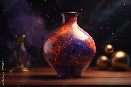 A 3D illustration of a vase in purple and orange with a galaxy design. Generative AI