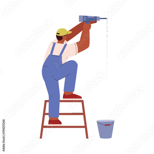 Construction worker drilling wall with drill, flat vector illustration isolated on white background.