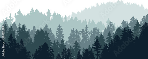 Wild deep forest silhouette. Layered vector illustration. Foggy hill landscape © KsanaGraphica
