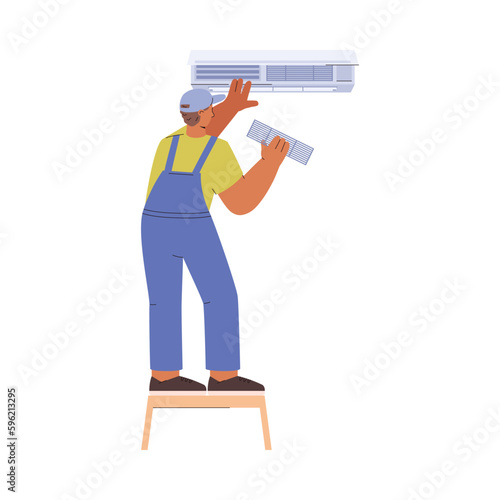 Man cleaning or repairing broken air conditioner, flat vector illustration isolated on white background.