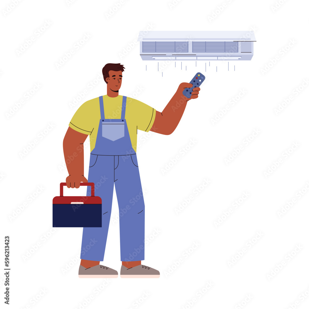 Repairman turns on air conditioner after repair service, flat vector illustration isolated on white background.
