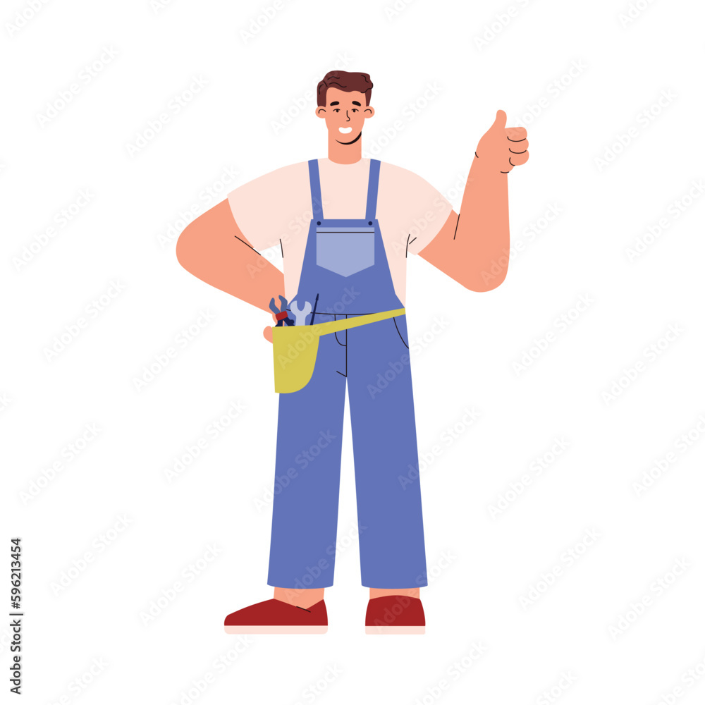 Happy construction worker in uniform with tools, flat vector illustration isolated on white background. Happy construction worker in uniform with tools, flat vector illustration isolated on white background.