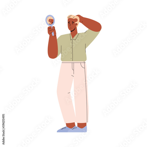 Sad man looking in the mirror at his balding head, flat vector illustration isolated on white background.