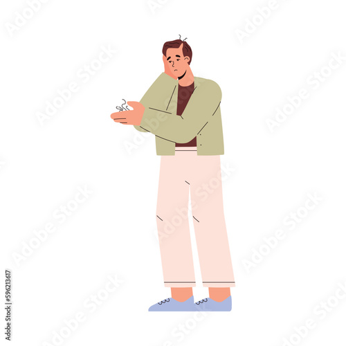 Sad man holding fallen hairs in hand, alopecia problem - flat vector illustration isolated on white background.