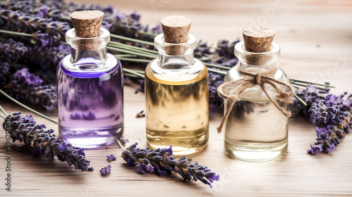 Bottles of essential oil for aromatherapy or perfumery and fresh lavender flowers on a light wooden background. Generative AI. 