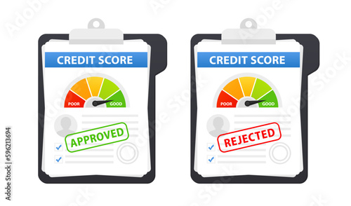 Credit score document. Stamp Approved rejected. Paper sheet chart of personal credit score information. Good credit and bad history index and approved stamp. Investment concept. Vector illustration