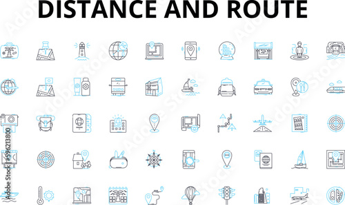 Distance and route linear icons set. Navigation, Direction, Journey, Route, Travel, Path, Distance vector symbols and line concept signs. Mileage,Wayfinding,Navigation illustration
