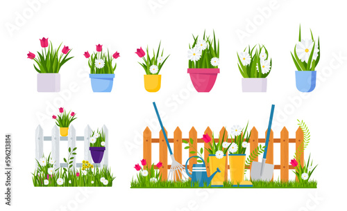 Spring garden. Flower bed, seedlings at the fence.