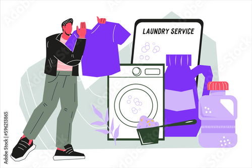Man gets clean clothes from a laundry or dry cleaner, flat flat cartoon vector illustration isolated on white background. Public commercial laundry or professional dry cleaning and laundry service ban