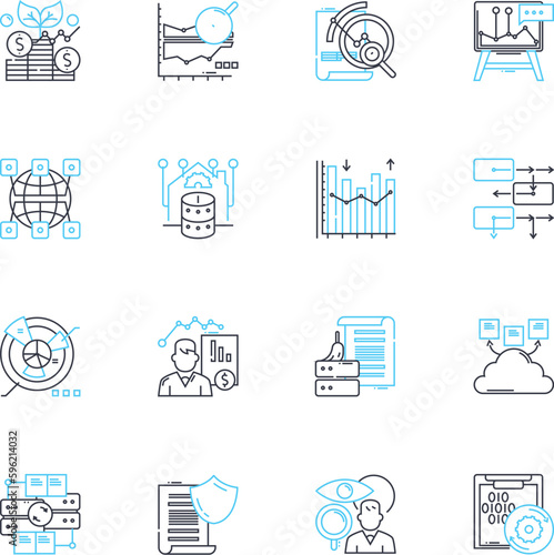 Financial accounting linear icons set. Revenue, Expenses, Assets, Liabilities, Equity, Balance, Cash line vector and concept signs. Profit,Loss,Depreciation outline illustrations