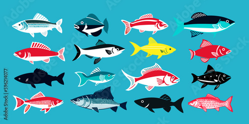 Different fishes set. Seafood. Flat style cartoon fish collection. Vector set for package, label, menu. Vector illustration.