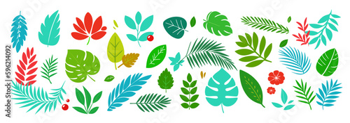 Set of different leaves, tropical and others. Big collections of flat style leaves and branches. Botanical set for card, posters, any design. Vector illustration.