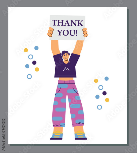 Woman holds sign with thank you text, poster template - flat vector illustration.