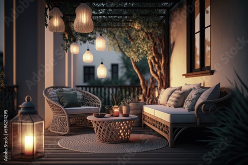 Modern terrace with rattan furniture - Generative AI