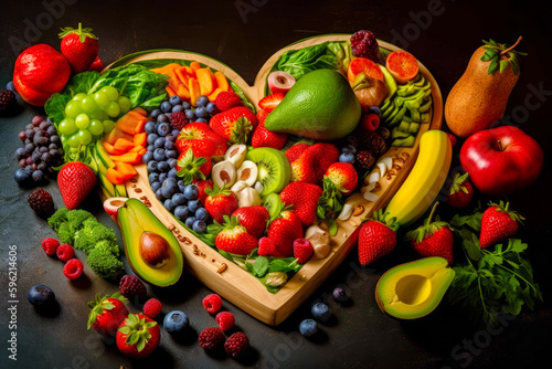 Heart shaped cutting board filled with lots of fruit and veggies. Generative AI.