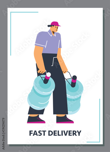 Water delivery man carrying two gallons of clean water, poster template - flat vector illustration.