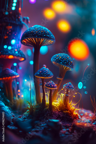 Group of mushrooms sitting on top of lush green field next to forest. Generative AI.