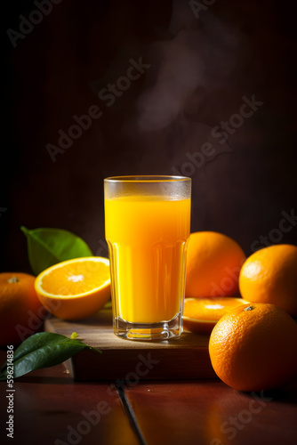 Glass of orange juice next to oranges on wooden table with steam rising from the top of the glass. Generative AI.