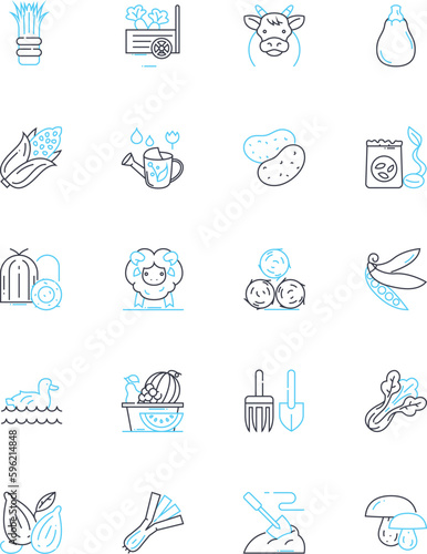 Crop science linear icons set. Agronomy, Genetics, Biotechnology, Irrigation, Soil, Yield, Fertilization line vector and concept signs. Harvest,Climate,Weed control outline illustrations