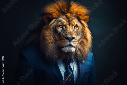 Lion wearing suit and tie with his head turned to the side. Generative AI.