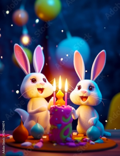 Couple of rabbits sitting next to birthday cake with lit candle. Generative AI. © valentyn640
