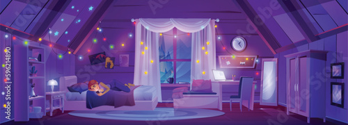 Night attic bedroom interior and girl lying with smartphone cartoon background. Garland light, student desk, mirror and bed in dark girly mansard room cartoon scene with forest view from window.