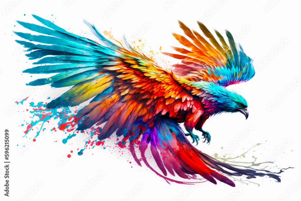 Image of colorful bird flying in the air with its wings spread. Generative AI.