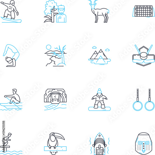 Expedition linear icons set. Adventure, Exploration, Journey, Trek, Quest, Safari, Roaming line vector and concept signs. Questing,Odyssey,Pilgrimage outline illustrations