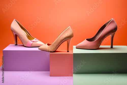 Pair of pink high heels sitting on top of block of colored blocks. Generative AI.
