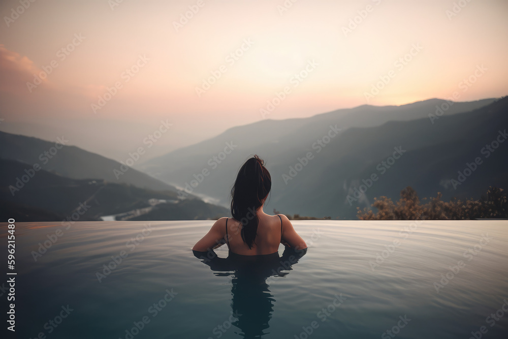 back view young adult female person enjoy relax in infinity edge luxury outdoor swimming pool looking on fog hill green mountains in warm sunset light. Alpine welness travel vacation, generative AI - obrazy, fototapety, plakaty 