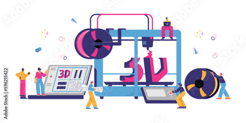 Industrial 3D printer facilities with technicians vector illustration isolated.