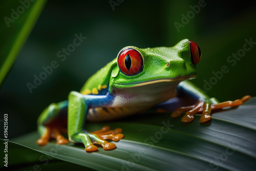 Close up of a red eyed tree frog on some leaves. Close up of a red eyed tree frog (Agalychnis callidryas) on some leaves, generative AI