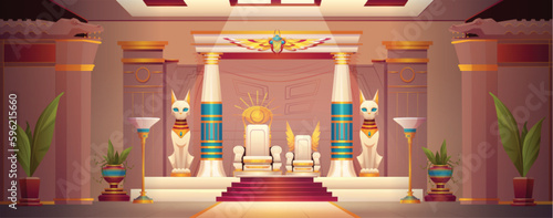 Ancient egyptian pharaoh throne in palace interior. Egypt temple cartoon background with god statue and mythology ornament illustration. Cat, scarab and gold eye symbol near king inside pyramid.