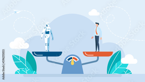 Balance scales human vs robot. Competition concept artificial intelligence digital technology. Robot standing on the scale and equal to businessman. Artificial intelligence robot. Vector illustration