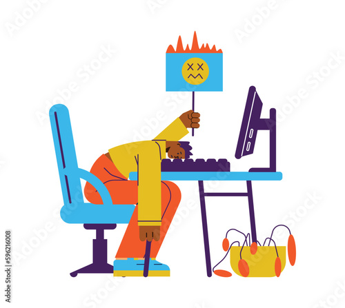Office employee has low motivation to work and burnout, flat vector isolated.