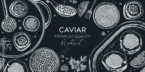 Seafood platter frame on chalkboard. Red caviar canape, black caviar tin can, lemons hand drawn sketches. Sea delicacy background for restaurant menu or finger food party vintage  banner design