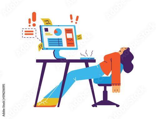 Office employee feels powerless and burned out from work, flat vector isolated.
