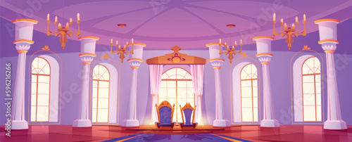 Castle ballroom with throne interior cartoon. Medieval royal palace hall for ball and dance with luxury chandelier in fantasy game illustration. Empty scene of beautiful nobility chamber with carpet