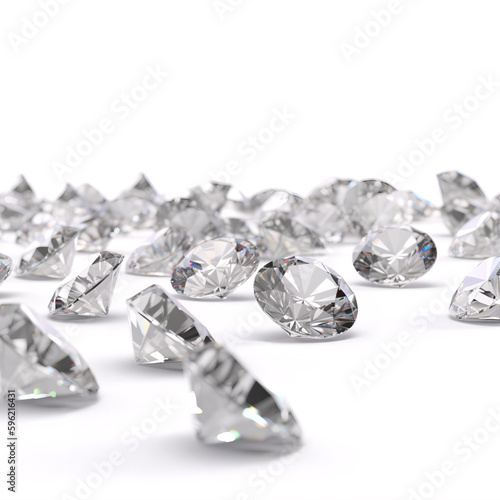 Multiple transparent diamonds. Shining white with reflections in front of white background. Jewelry product photography. AI generated.