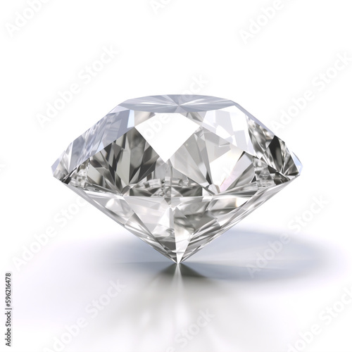 Single big white diamond shining with reflections of white background. Jewelry, prestige, precious stones. Product photography. Website design. Gem. AI generated.