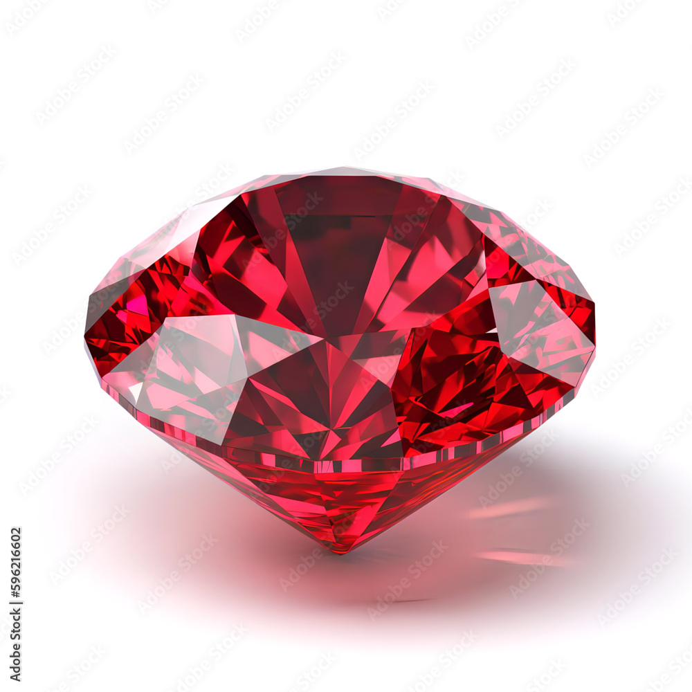 Single big red ruby shining with reflections of white background. Jewelry, prestige, precious stones. Product photography. Website design. Gem. AI generated.