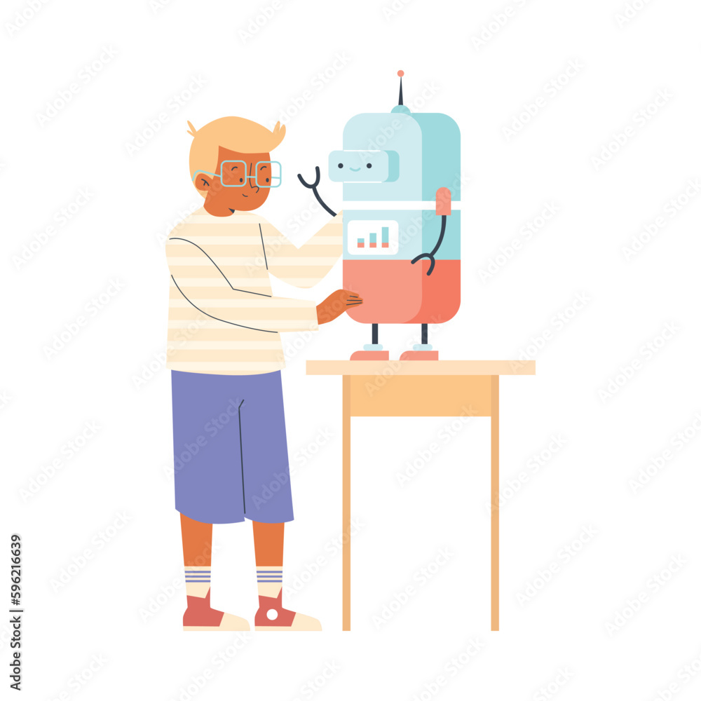 Little boy playing with smart robot, cartoon flat vector illustration isolated on white background.