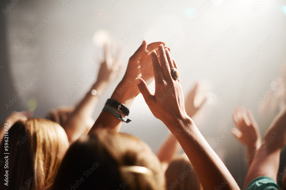 Clapping crowd, party and people at a concert for celebration, performance and watching a band. Energy, audience support and fans applause at a music festival, club or dancing rave show at night - obrazy, fototapety, plakaty 