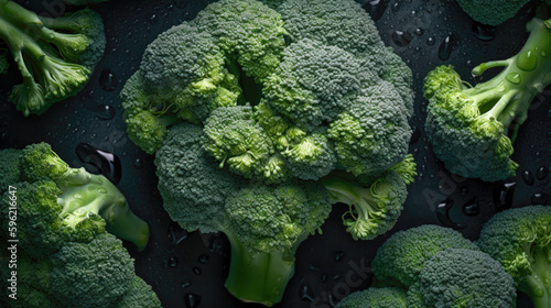 Fresh green broccoli with water drops on black background. Top view.